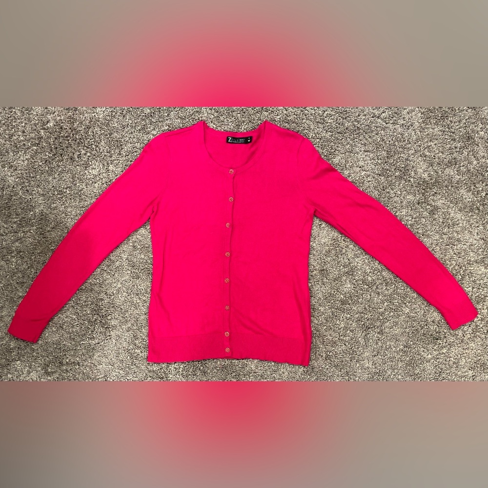 New York & Company 7th Avenue Jeweled Button Cardigan, Raspberry Pink, Size M